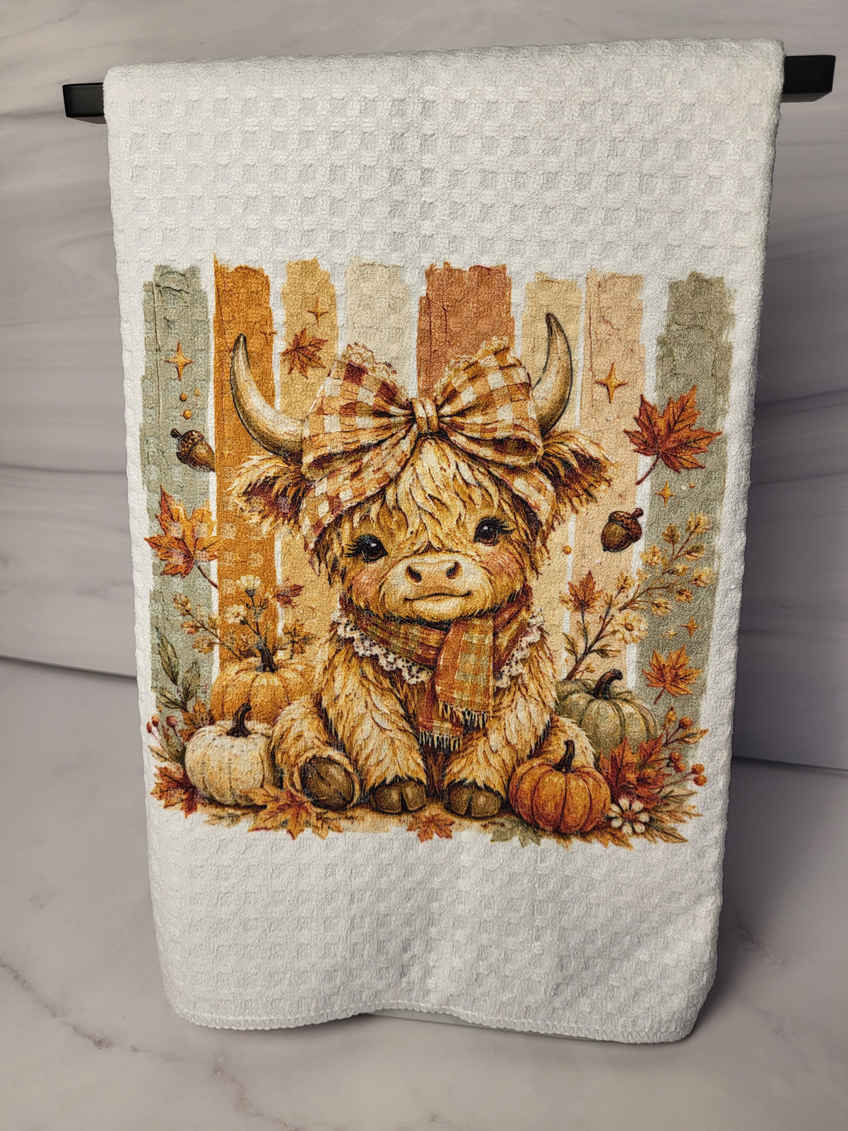 Fall Cow Stripes Waffle Weave Kitchen Towel