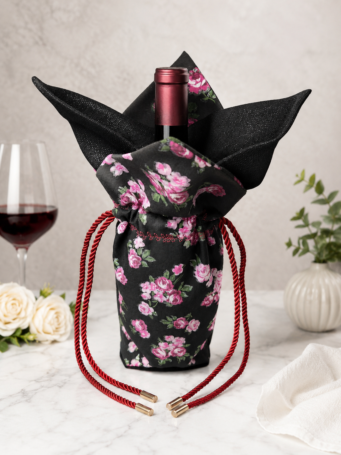 Black Rose Floral Wine Bag – Handmade Reusable Wine Bottle Gift Bag