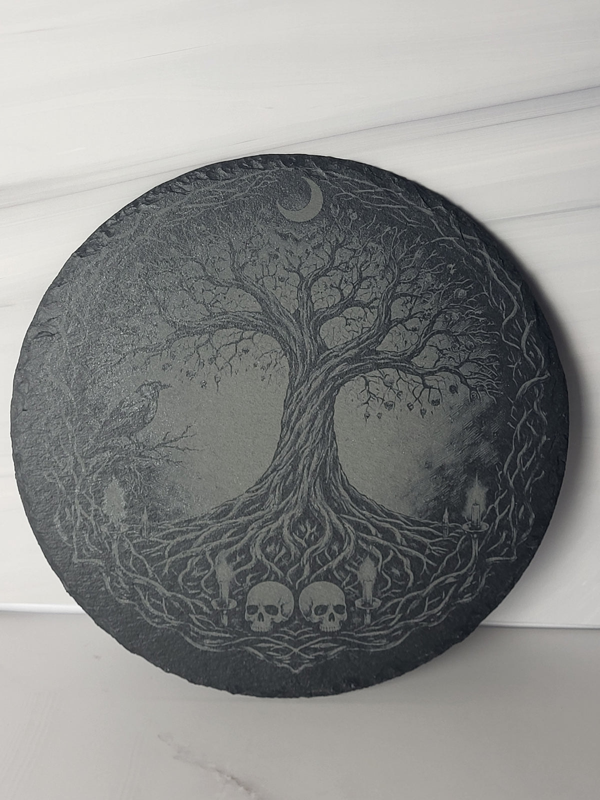 Raven Tree of Life ~ 8" Round Slate Decor