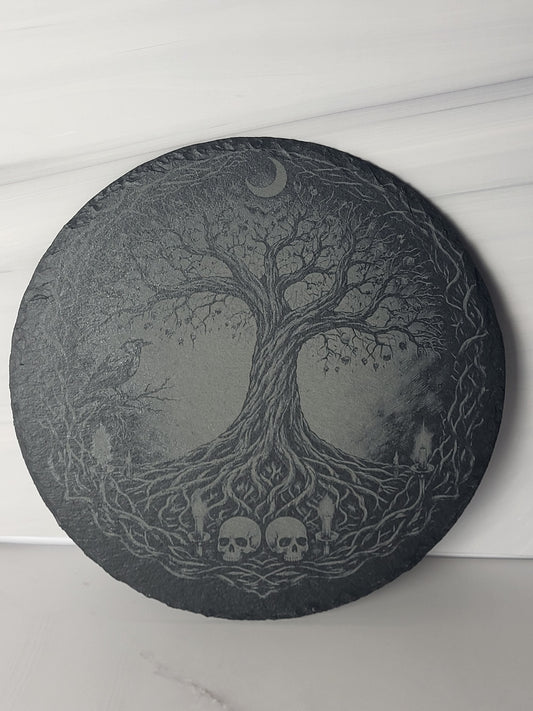 Raven Tree of Life ~ 8" Round Slate Decor
