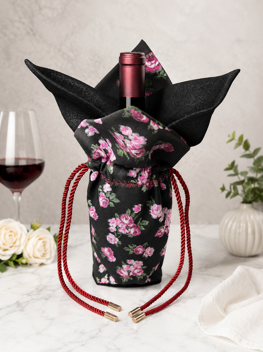 Black Rose Floral Wine Bag – Handmade Reusable Wine Bottle Gift Bag